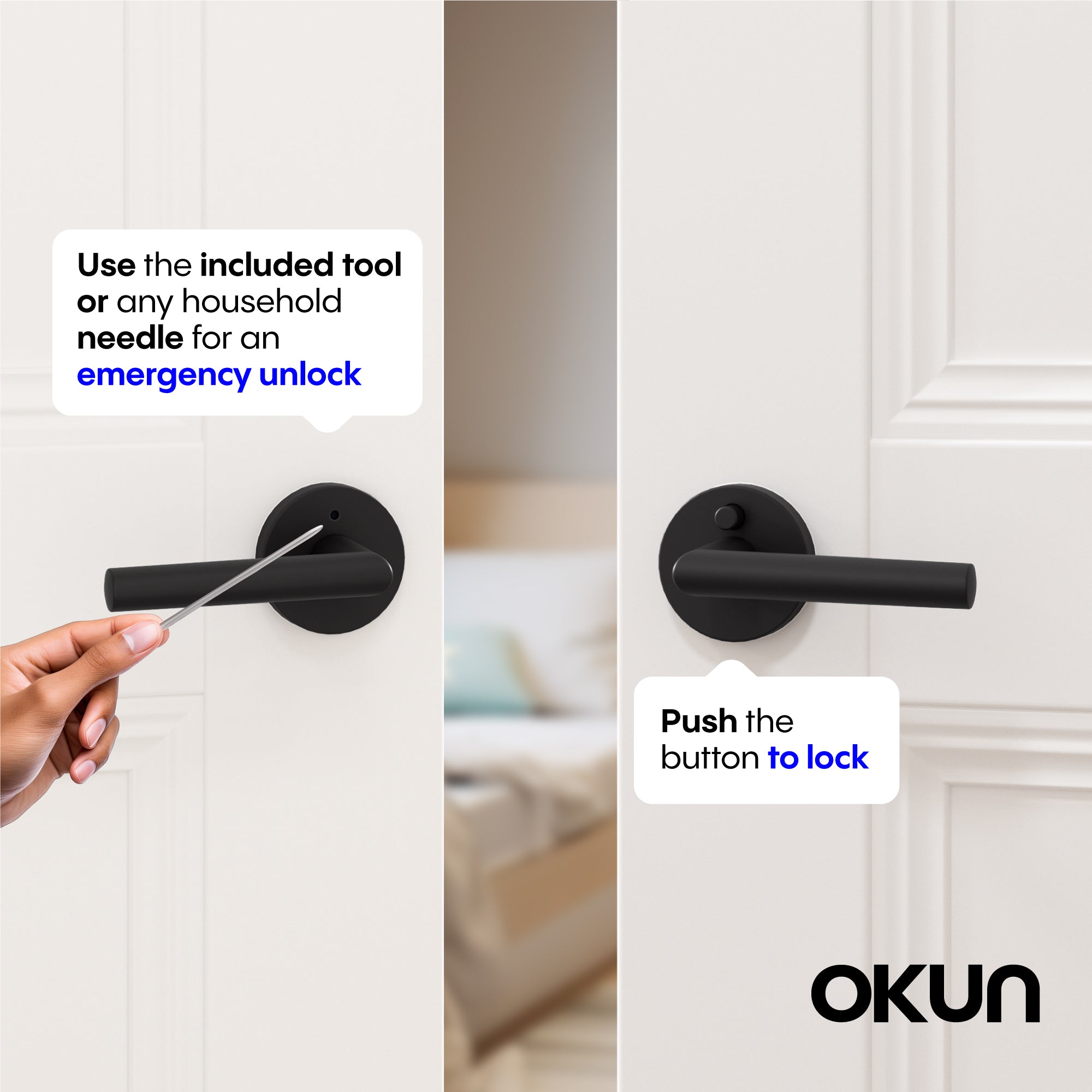 Diagram of the OKUN privacy lever lock: push the button on the inside to lock, and use the included tool or a household needle on the outside rosette for emergency unlock