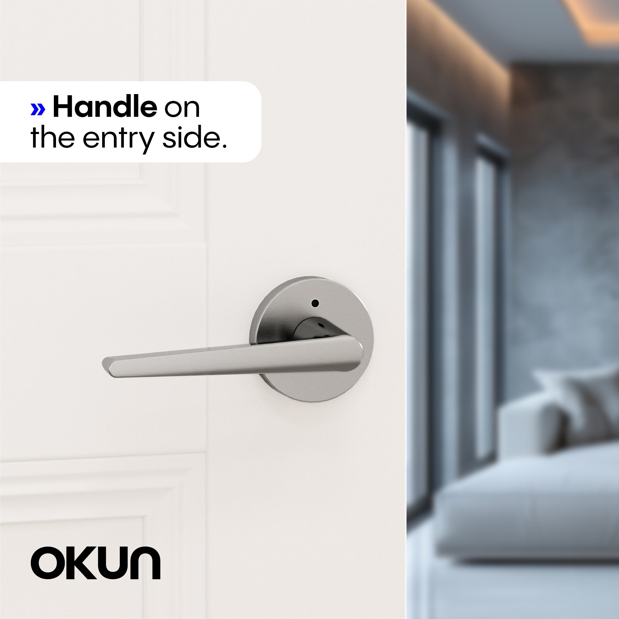 OKUN Halo privacy lever handle in brushed nickel on a light interior door
