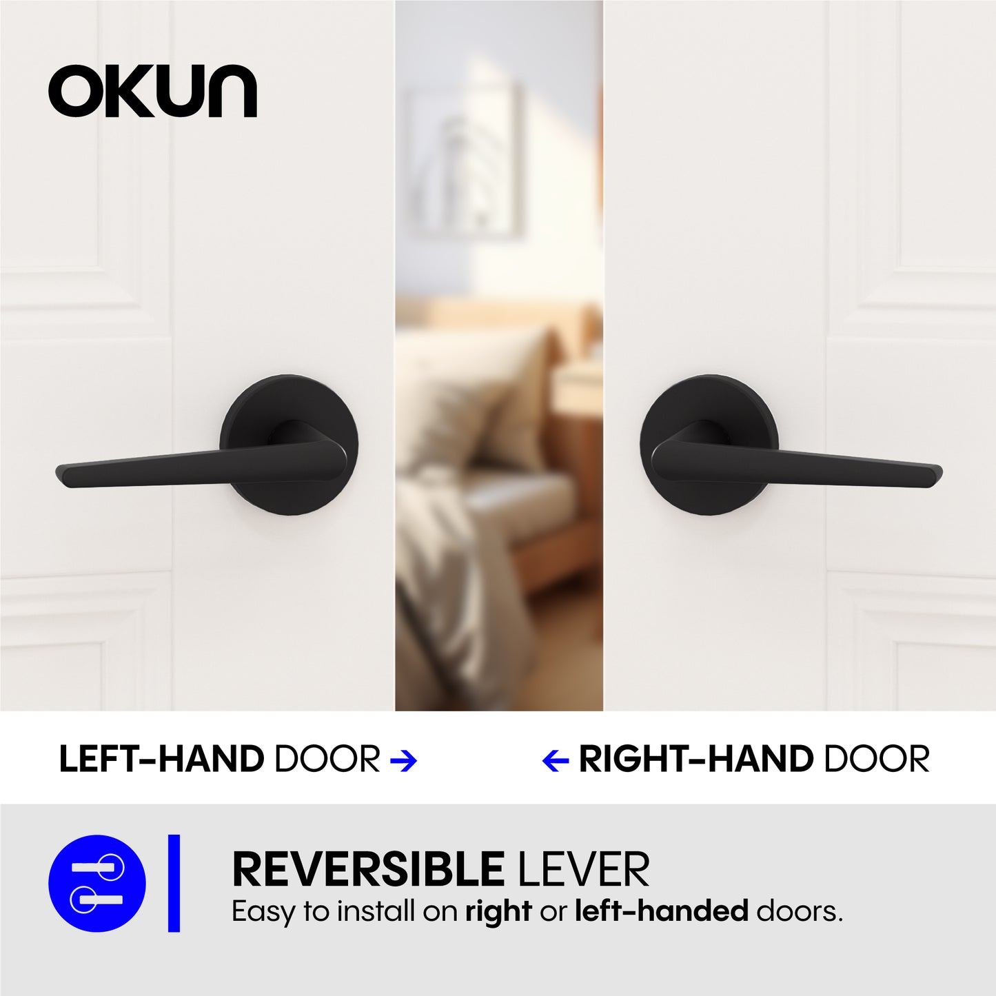 
              
                Okun Halo Passage Door Handle in matte black, modern interior lever
              
            