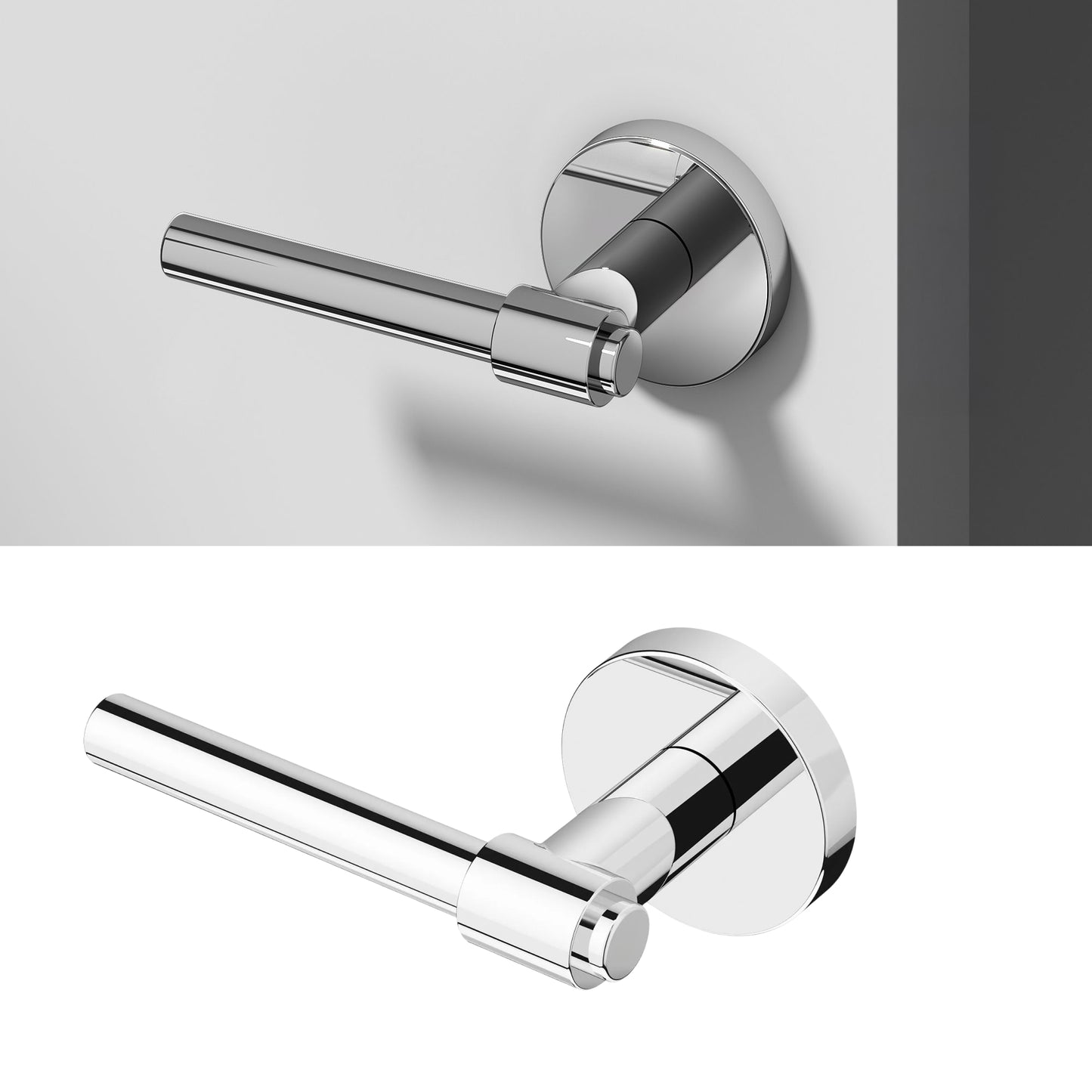 Okun Zen dummy door handle, sleek modern chrome lever hardware