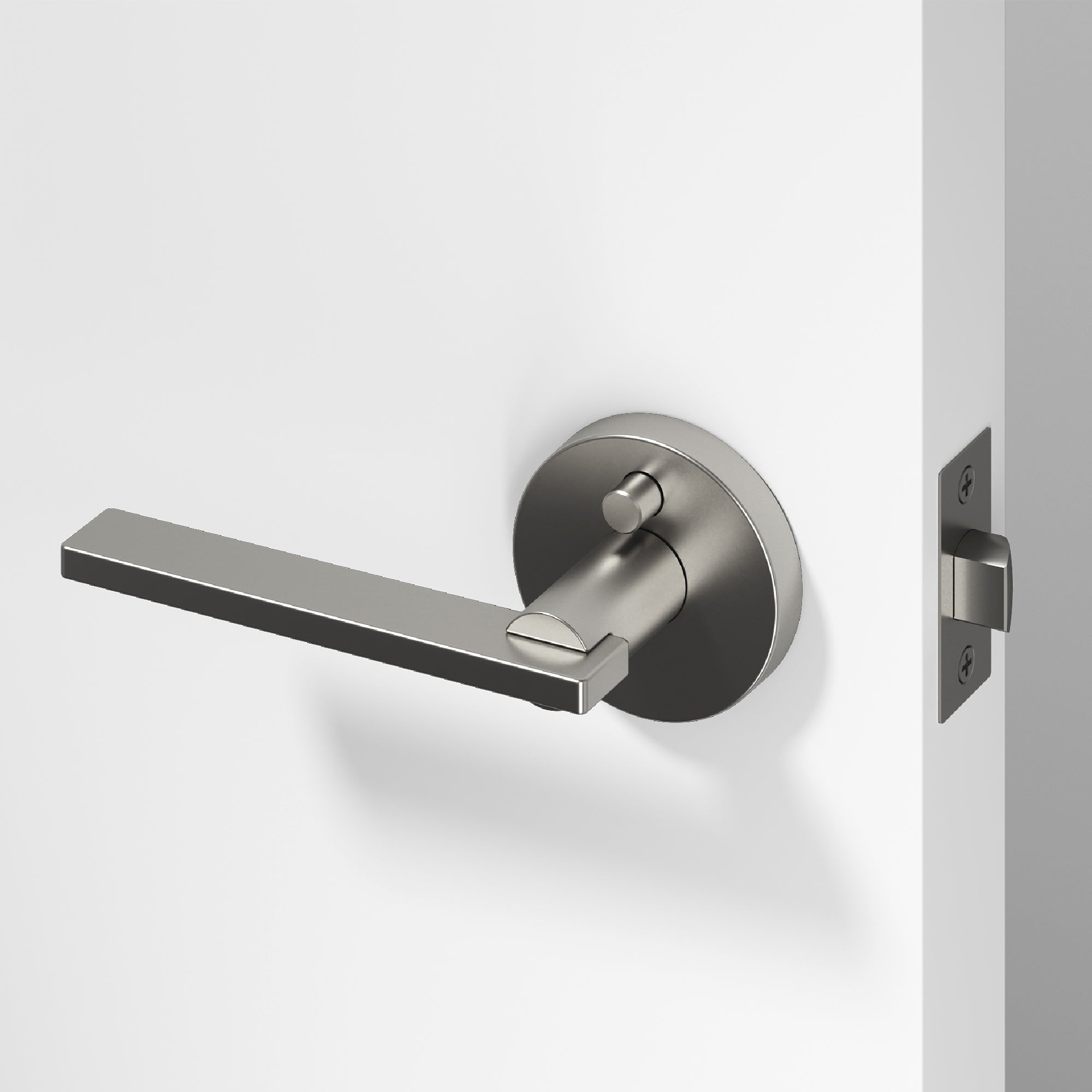 OKUN Valli brushed nickel privacy door lever — transitional interior door hardware in bulk for builders