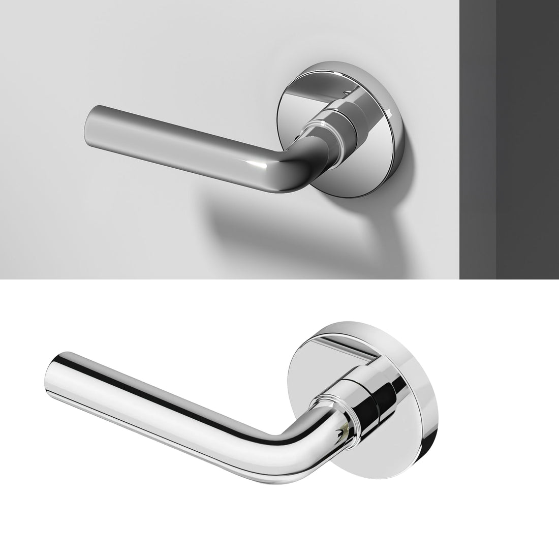 OKUN Arc dummy door handle in chrome, showing the concealed-mount rosette with no exposed screws
