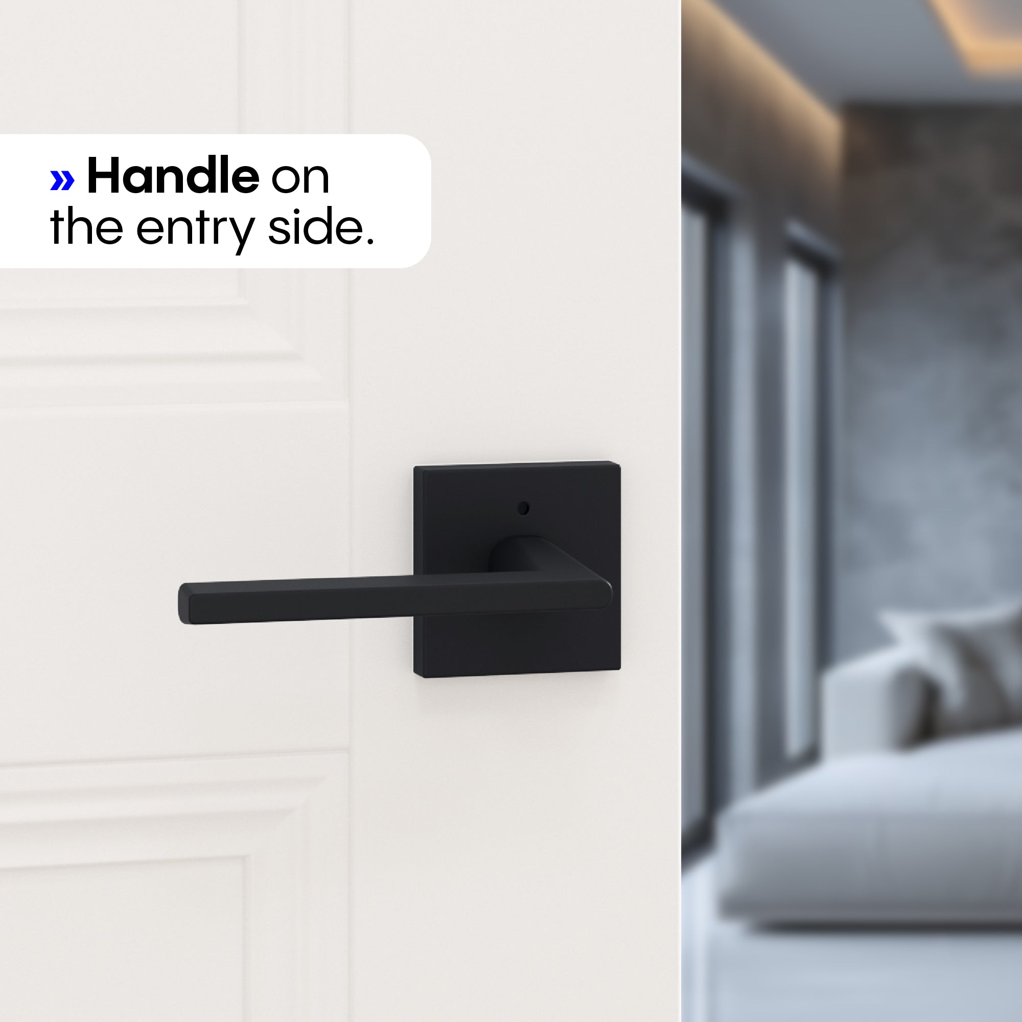 OKUN Quadra privacy lever handle in matte black on a square rosette, shown on a light interior door